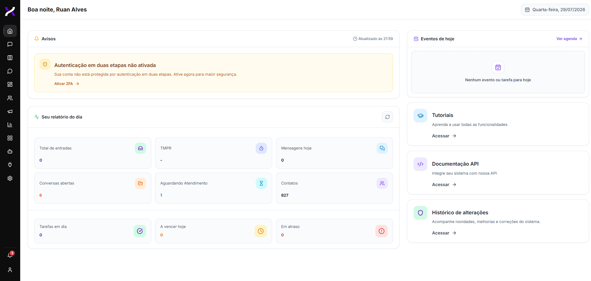 Dashboard real da Waxis com resumo diário da operação