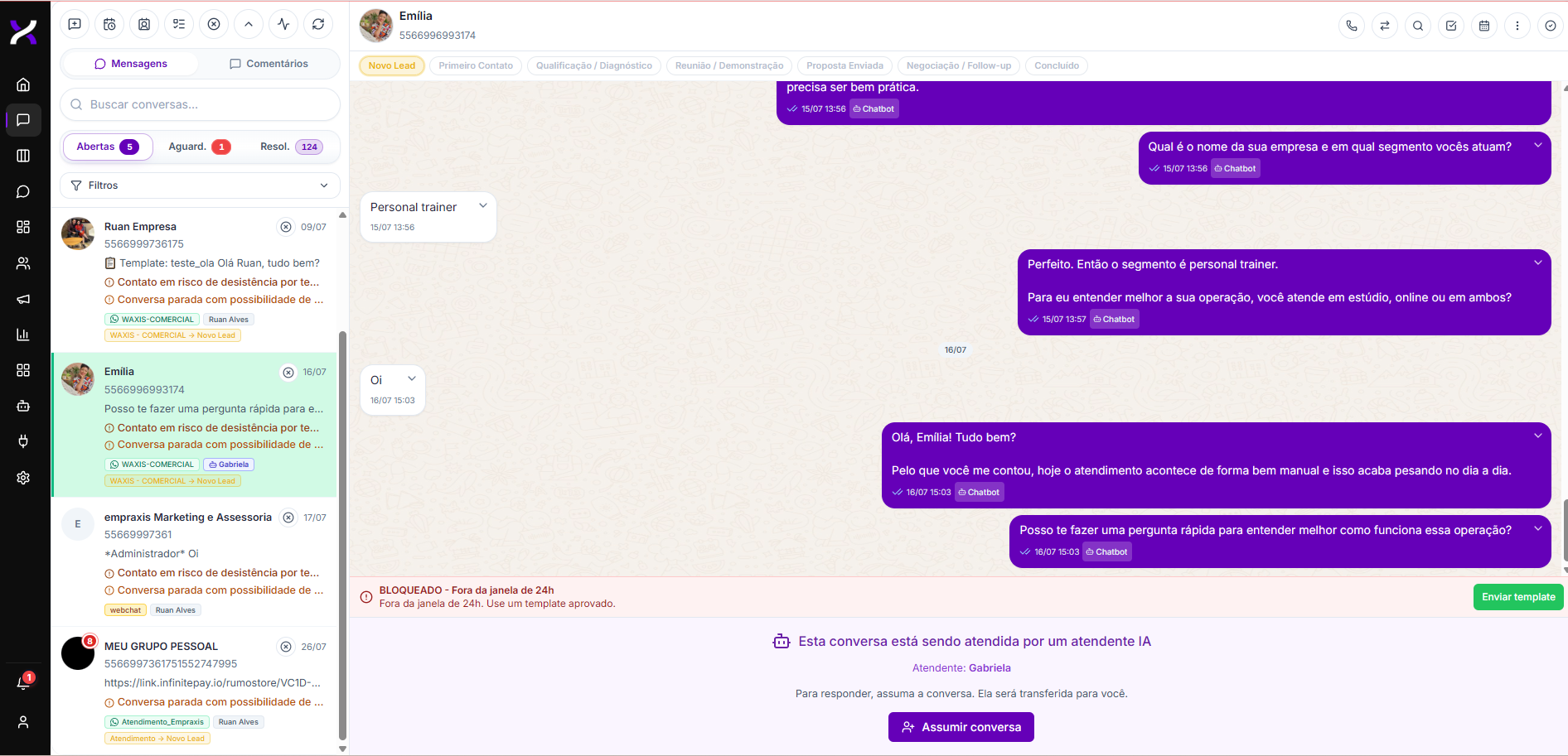Tela real de atendimento centralizado da Waxis